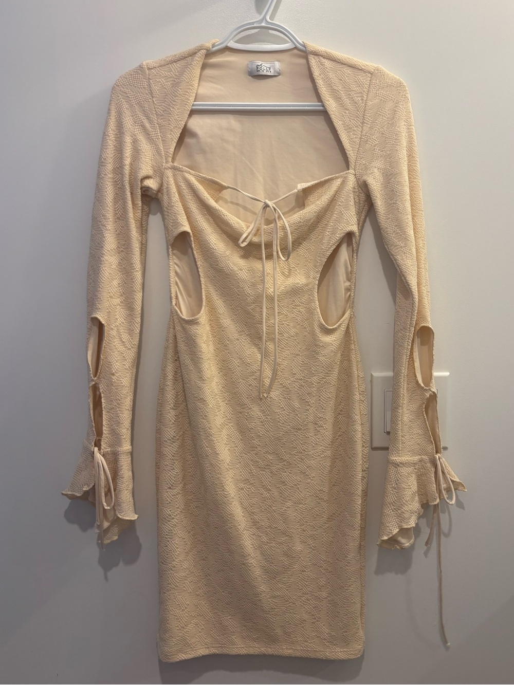 Oh Polly Cream Long Sleeve Tie-Front Cutout Bodycon Dress